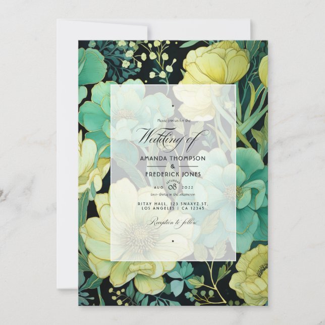Invitación Champagne, Green y Black Floral Boda (Anverso)