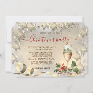 Invitación Champagne Holly Berry Gold Snowflakes Company