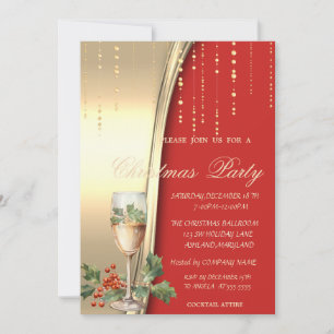 Invitación Champagne Holly Berry, Red, Gold Corporate Fiesta