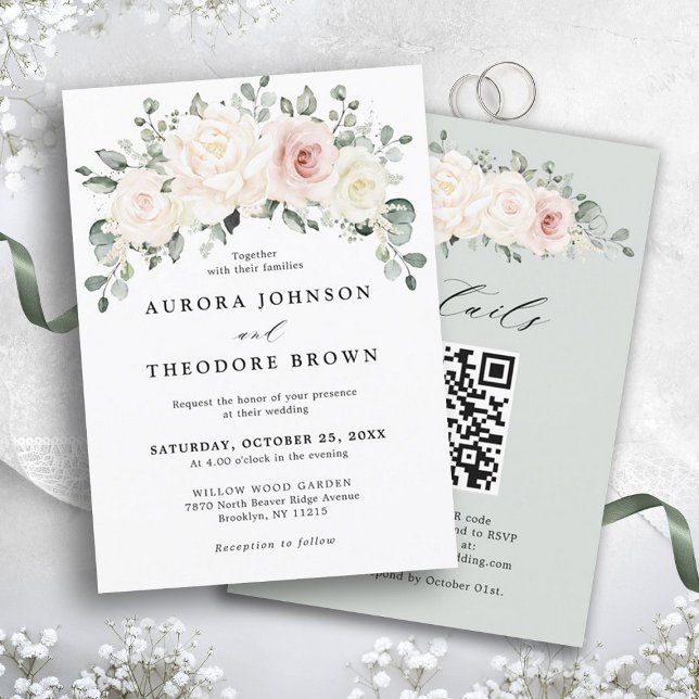 Invitación Champagne Ivory Rubor Floral Greenery QR Boda (Ivory White blush pink floral greenery botanical wedding invitation with QR code RSVP on back)