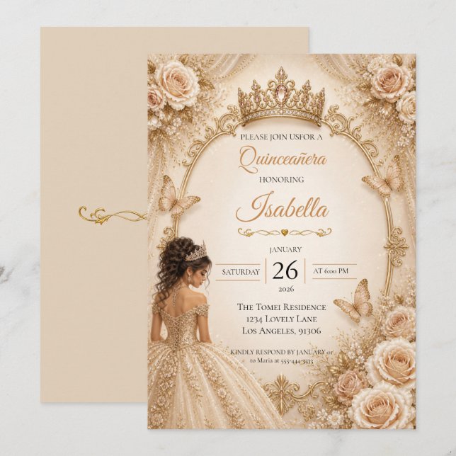 Invitación Champagne Marfil Quinceañera  (Anverso / Reverso)