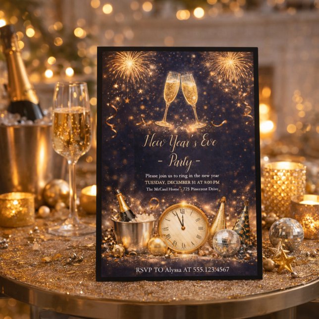 Invitación Champagne Midnight Toast Invitation (Ring in the new year with champagne, fireworks, and a glowing midnight celebration)