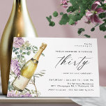 Invitación Champagne moderno | 30 Aniversario de la Diversión<br><div class="desc">Bonito 30 invitaciones de cumpleaños con un ilustracion acuarela de una botella de champán rodeada de flores moradas. El texto grande "treinta" está escrito en forma de guión, para una invitación divertida pero elegante con un color verde claro y coordinado al revés. (Los colores de fondo se pueden cambiar, si...</div>