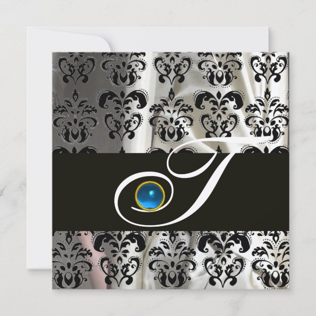 INVITACIÓN CHAMPAGNE NEGRO SEDA DAMASK MONOGRAM SAPPHIRE AZUL (Anverso)