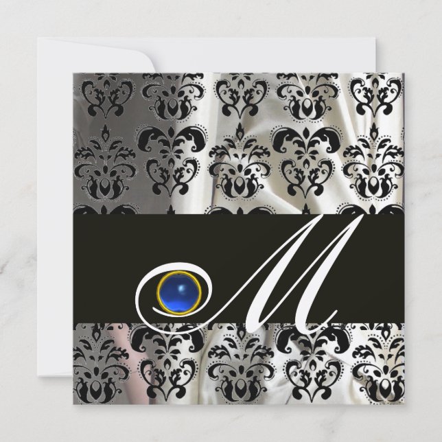 INVITACIÓN CHAMPAGNE NEGRO SEDA DAMASK MONOGRAM SAPPHIRE AZUL (Anverso)