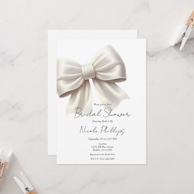 Invitación Champagne Pearl Ivory White Bow Bridal Shower (Anverso/Reverso In Situ)