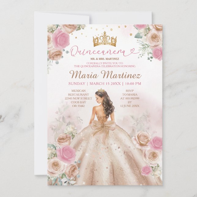 Invitación Champagne Princess Dress Dusty Rose Quinceañera (Anverso)