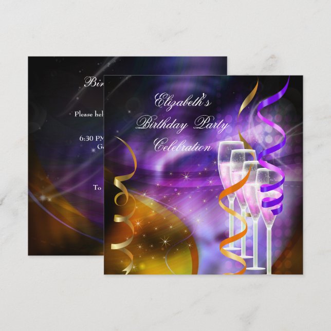 Invitación Champagne Purple Gold Abstract Birday Party (Anverso / Reverso)
