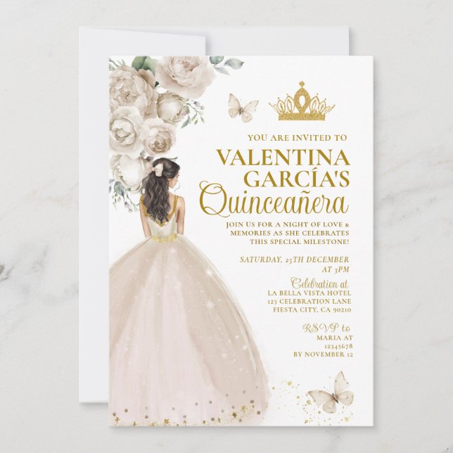 Invitación Champagne Quinceañera 15 Anos Flores de Oro (Anverso)