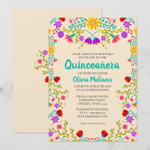 Invitación Champagne Quinceañera Flores Mexicanas Cumpleaños