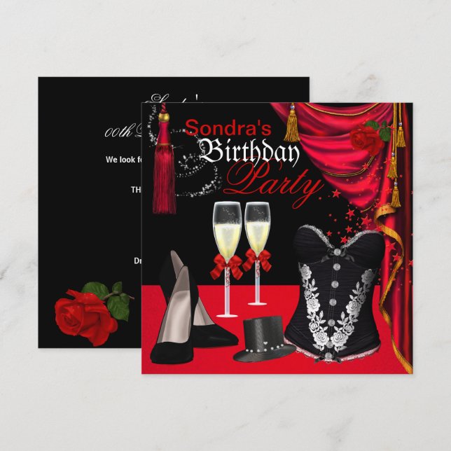 Invitación Champagne Red Black Corset Shoes Tophat (Anverso / Reverso)