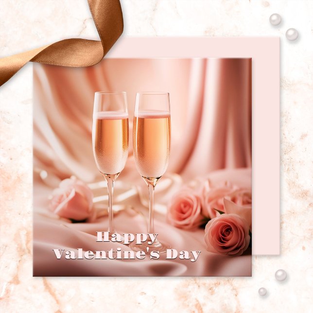 Invitación Champagne romántico y Rosas celebran San Valentín (Romantic Valentine's Day invitation featuring a pink scene with champagne and roses)