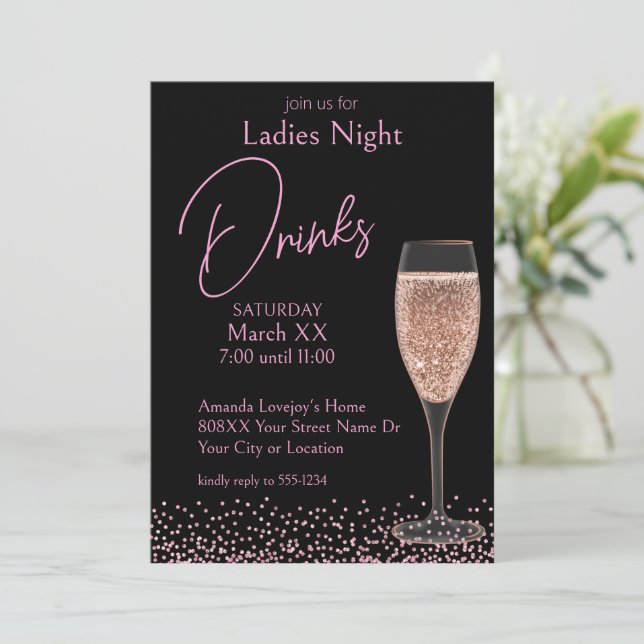 Invitación Champagne rosado sobre las bebidas nocturnas de la (Anverso de pie)