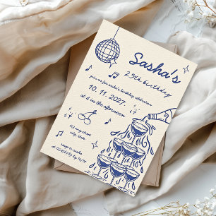 Invitación Champagne Tower Birthday Blue ilustrado a mano