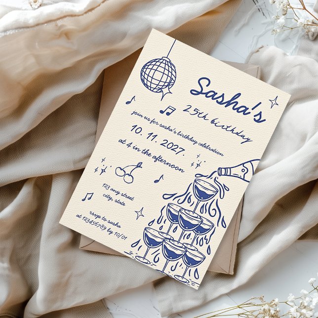 Invitación Champagne Tower Birthday Blue ilustrado a mano (Blue hand illustrated champagne tower birthday invitation)