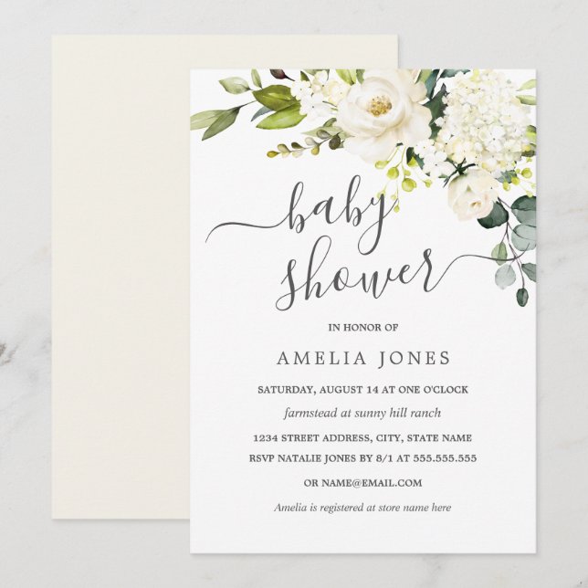 Invitación Champagne Watercolor Floral Baby Shower (Anverso / Reverso)