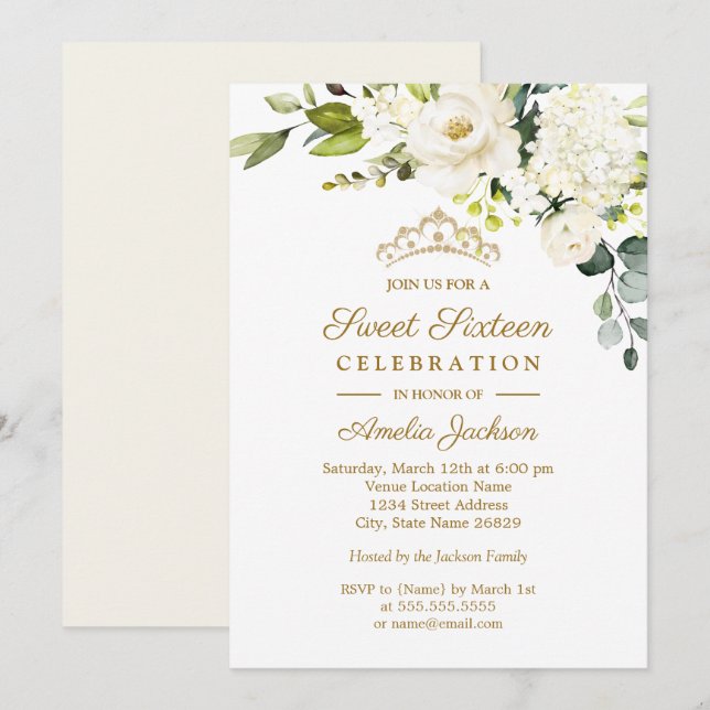 Invitación Champagne Watercolor Floral Sweet 16 Fiesta (Anverso / Reverso)