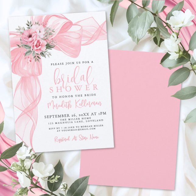 Invitación Champagne y Arco Iris de Bebe Nena (Elegant Pink Bow Bridal Shower Invitation)