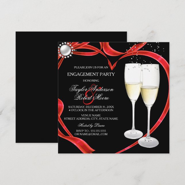 Invitación Champagne y compromiso corazón negro plateado rojo (Anverso / Reverso)