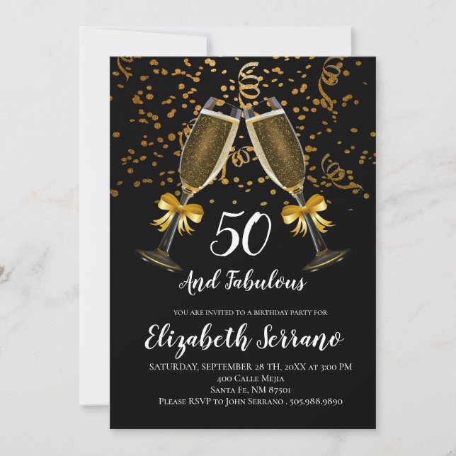 Invitación Champagne y Confetti Black Gold 50 cumpleaños (Anverso)