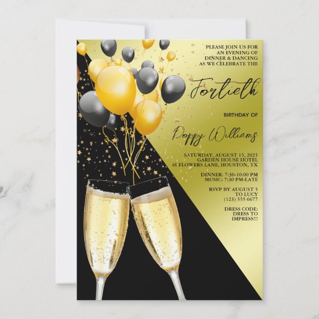 Invitación Champagne y Globos 40 cumpleaños (Anverso)