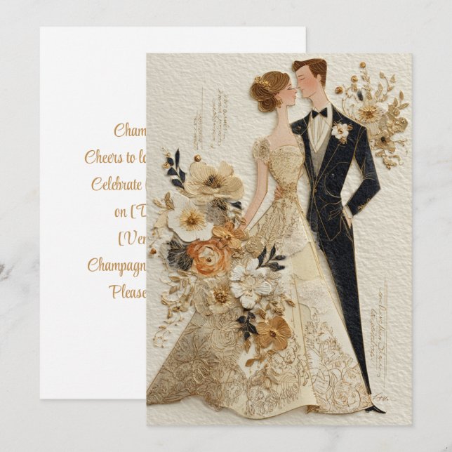 Invitación Champagne y Years | Brillo dorado (Anverso / Reverso)