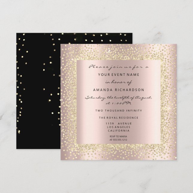 Invitación Champaigne Dorado Negro Confeti Minimal Rosa Rubor (Anverso / Reverso)