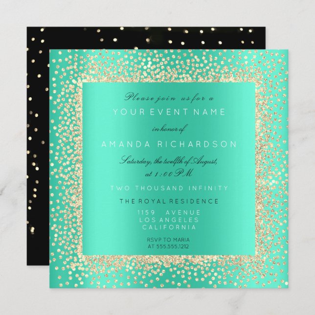 Invitación Champaigne dorado negro minimalista Confeti Verde  (Anverso / Reverso)
