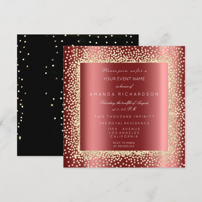 Invitación Champaigne Glitter Dorado Burgundy Confetti (Anverso / Reverso)