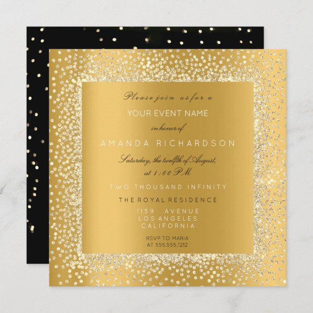 Invitación Champaigne Gold Black Confeti Sepia Brillo VIP (Anverso / Reverso)