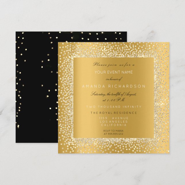 Invitación Champaigne Gold Black Confetti Sepia Purpurina VIP (Anverso / Reverso)