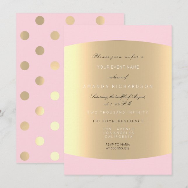 Invitación Champaigne Gold Polka Dots Sepia Rosa Pastel rosa (Anverso / Reverso)