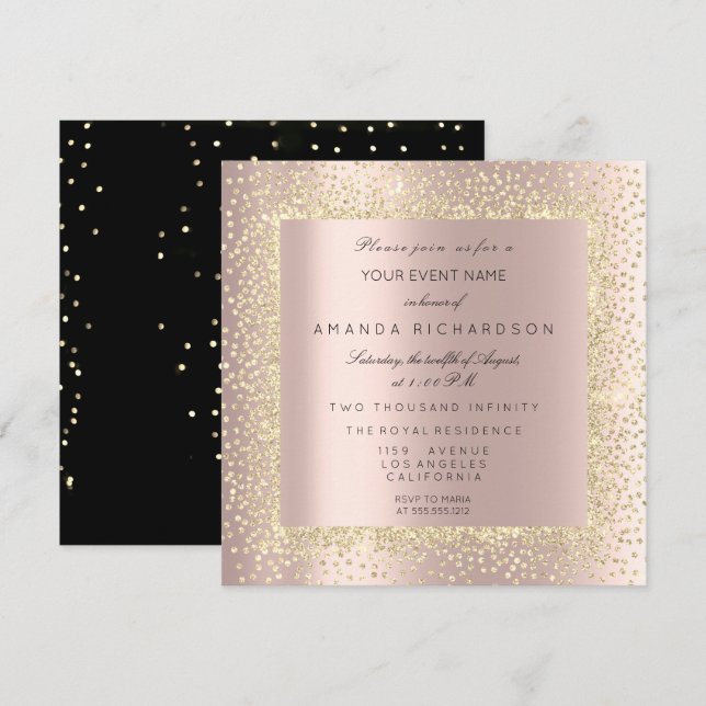 Invitación Champaigne Oro Negro Confeti Sepia Brillo Rosa (Anverso / Reverso)