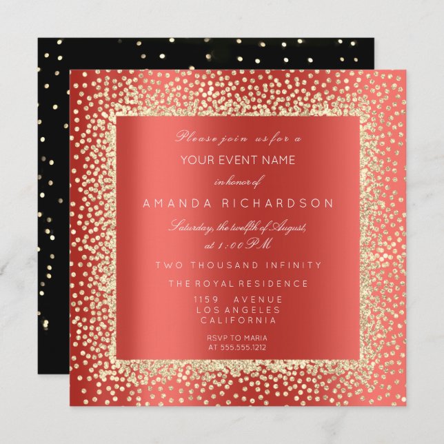 Invitación Champaigne Sepia Oro Glitter Confeti Rojo Rubí (Anverso / Reverso)