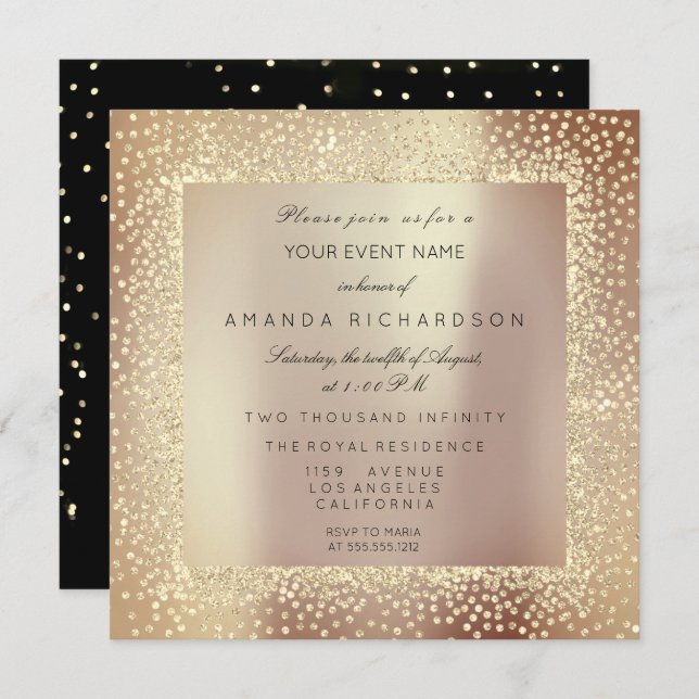 Invitación Champaigne Sepia Oro Glitter Confeti Rosa Glam (Anverso / Reverso)