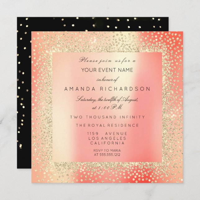 Invitación Champaigne Sepia Oro Glitter Confeti Rosa Melocotó (Anverso / Reverso)