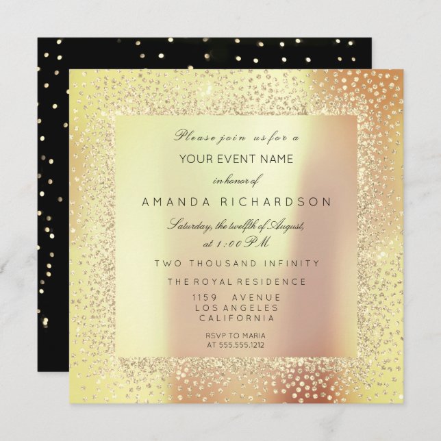 Invitación Champaigne Sepia Oro Glitter Confeti Rosa Melocotó (Anverso / Reverso)