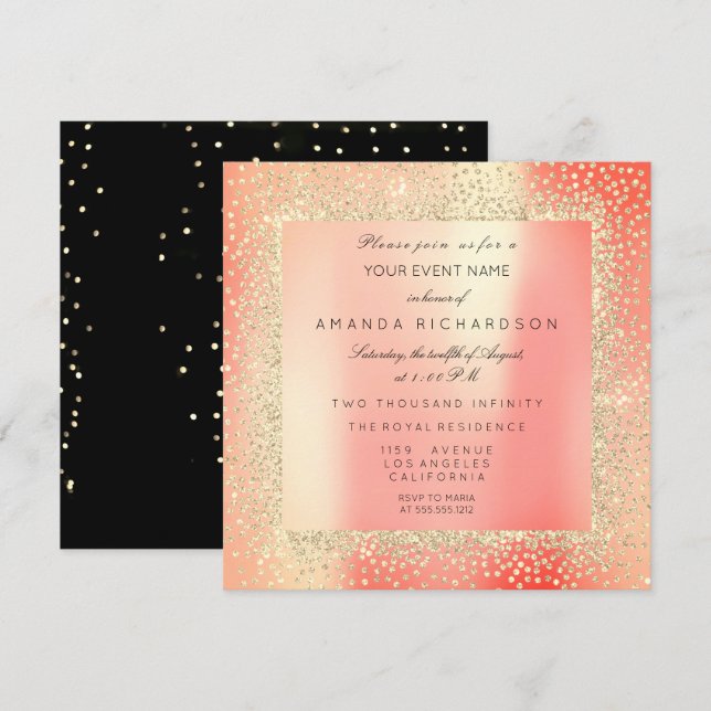 Invitación Champaigne Sepia Purpurina de oro Confetti Peach (Anverso / Reverso)