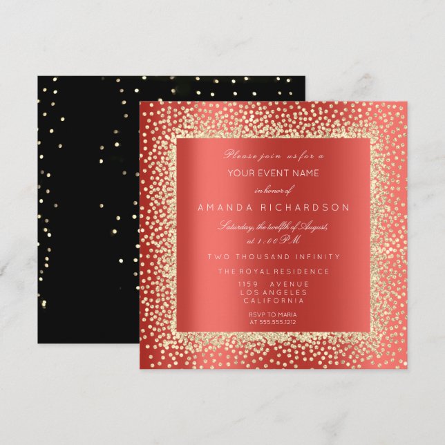 Invitación Champaigne Sepia Purpurina de oro Confetti Ruby Ro (Anverso / Reverso)
