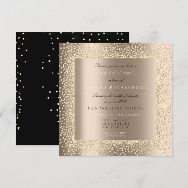 Invitación Champaigne Sepia Purpurina de Oro Ivory Confetti L (Anverso / Reverso)