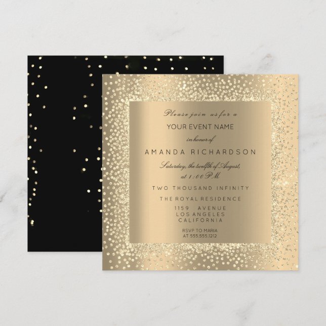 Invitación Champaigne Sepia Purpurina de oro negro Confetti V (Anverso / Reverso)