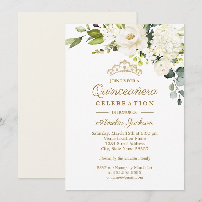 Invitación Champán acuarela Floral Quinceanera (Anverso / Reverso)