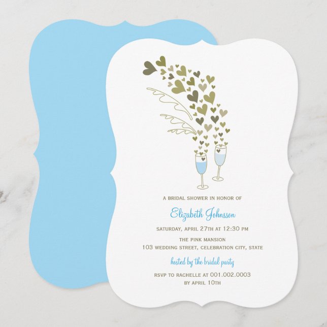 Invitación Champán azul Cheers & Gold Hearts Bridal Shower (Anverso / Reverso)