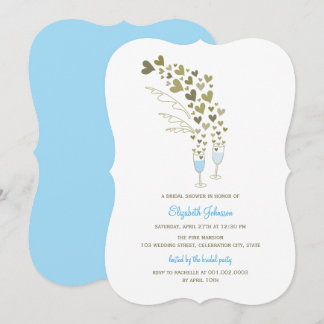 Invitación Champán azul Cheers & Gold Hearts Bridal Shower