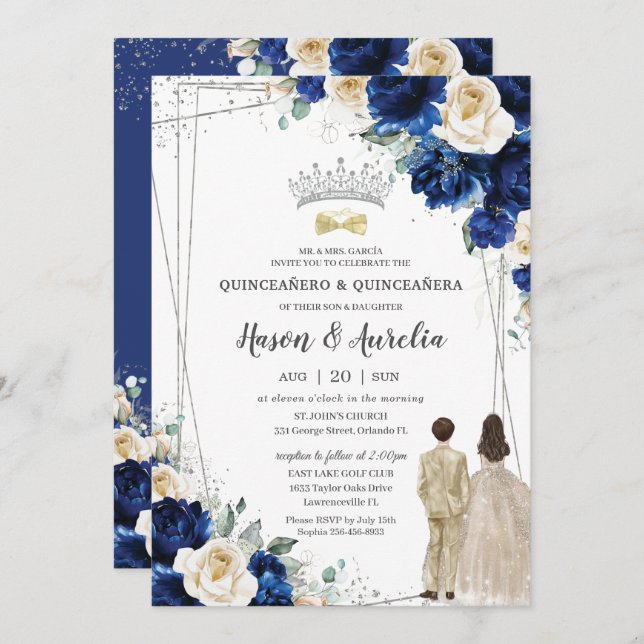 Invitación Champán azul real Chica Quinceañera (Anverso / Reverso)