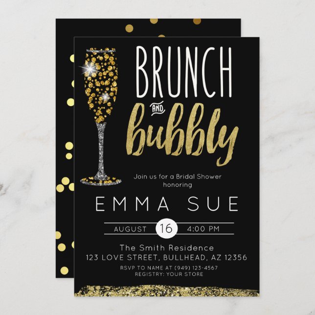 Invitación Champán Black Gold Brunch & Bubbly Bridal Ducha (Anverso / Reverso)