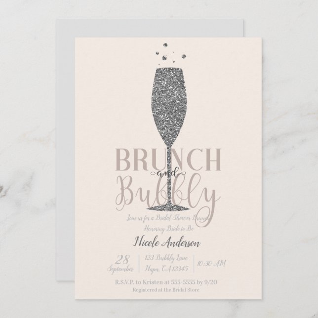 Invitación Champán Brunch & Bubbly Silver Bridal Ducha (Anverso / Reverso)