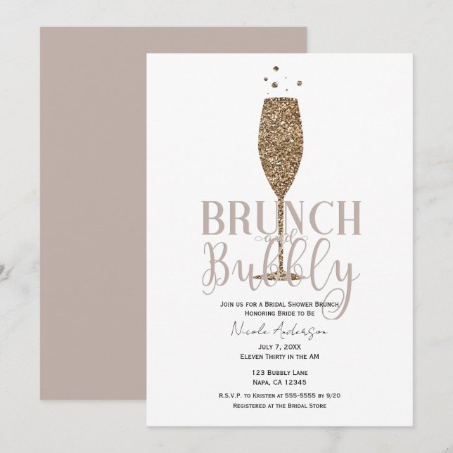 Invitación Champán Bubbly Beige Rosa Bridal Shower Brunch (Anverso / Reverso)