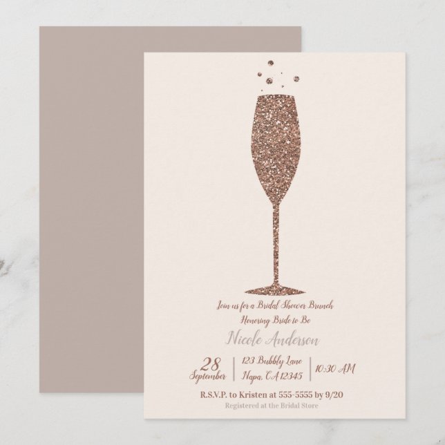 Invitación Champán Bubbly Rosa Gold Bridal Shower Brunch (Anverso / Reverso)