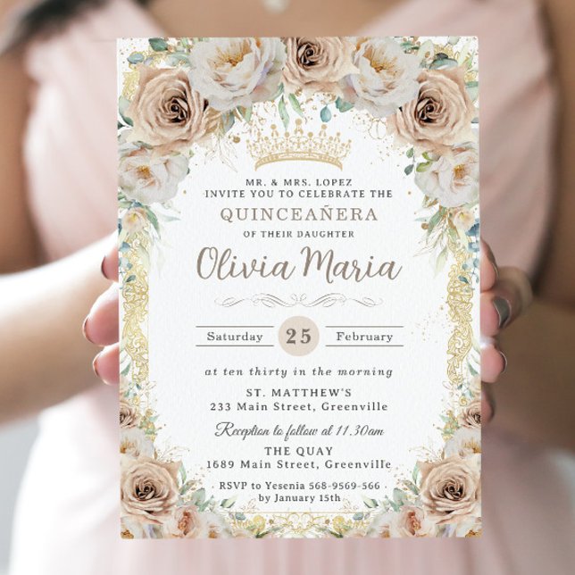 Invitación Champán Cream Beige Floral Vintage Quinceanera (Subido por el creador)